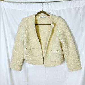 ZARA WOMEN BOUCLÉ CREAM KNIT BLAZER  SWEATER SZ M